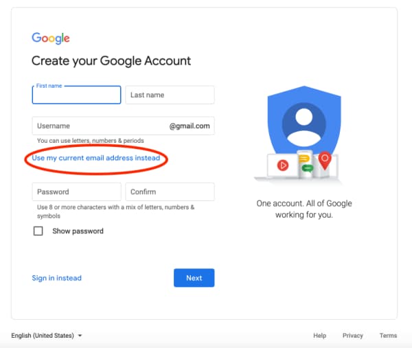 Create a Google Account window with Use My Business Email Instead circled