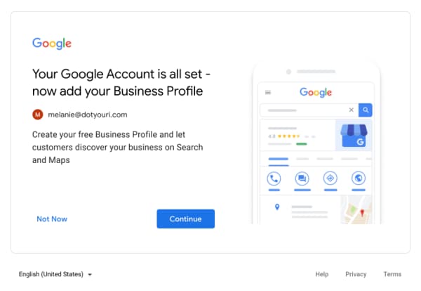 Confirmation window with message that your Google account is all set