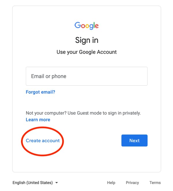 Google Sign In or Create Account screen