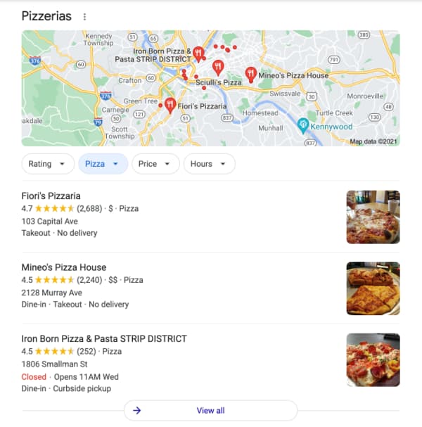 Local Pack generated by Google My Business for the search term "pizza in Pittsburgh PA"