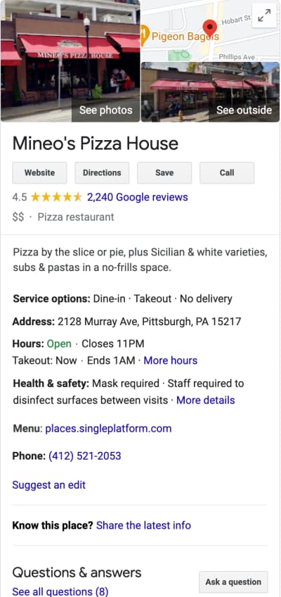 Knowledge Panel for Mineo's Pizza