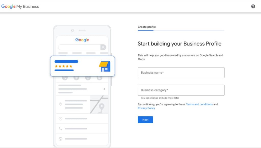 Build Your Business Profile screen - Google My Business