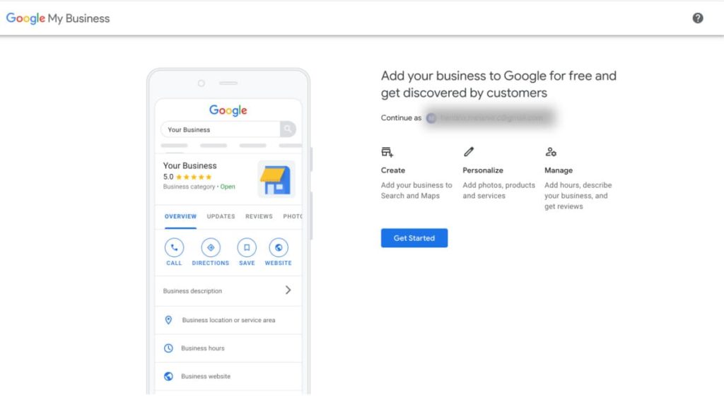 Get Started screen - Google My Business